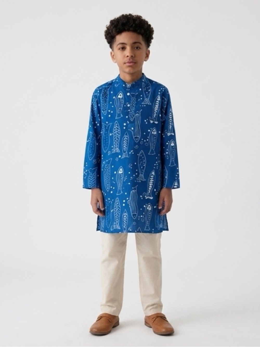 Boys Kurta Blue Fish Print Cotton Diwali Eid Indian Ethnic Size 8